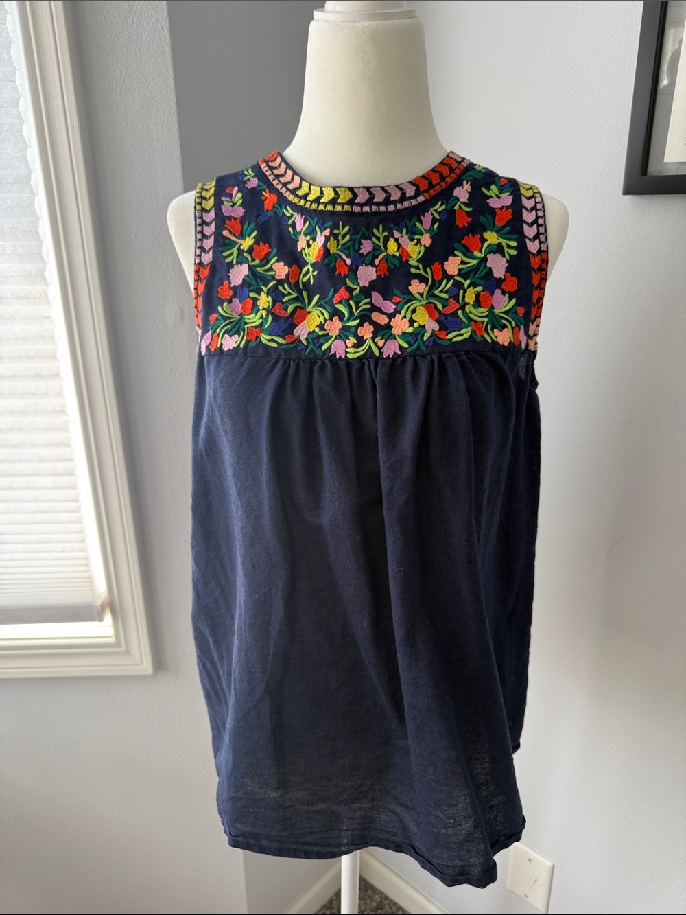 J. Crew Factory Navy Tank with Multicolor Floral Embroidery